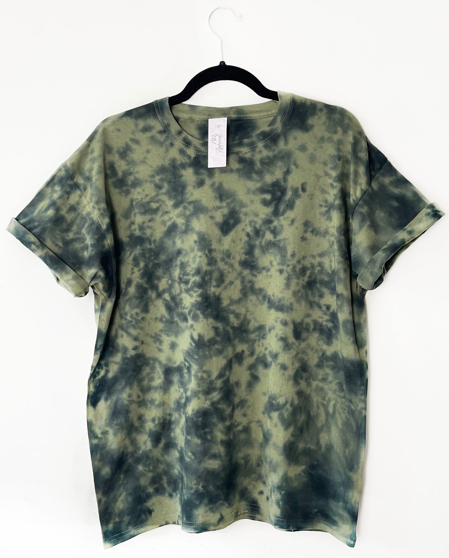 camouflage green crewneck t shirt with black pattern