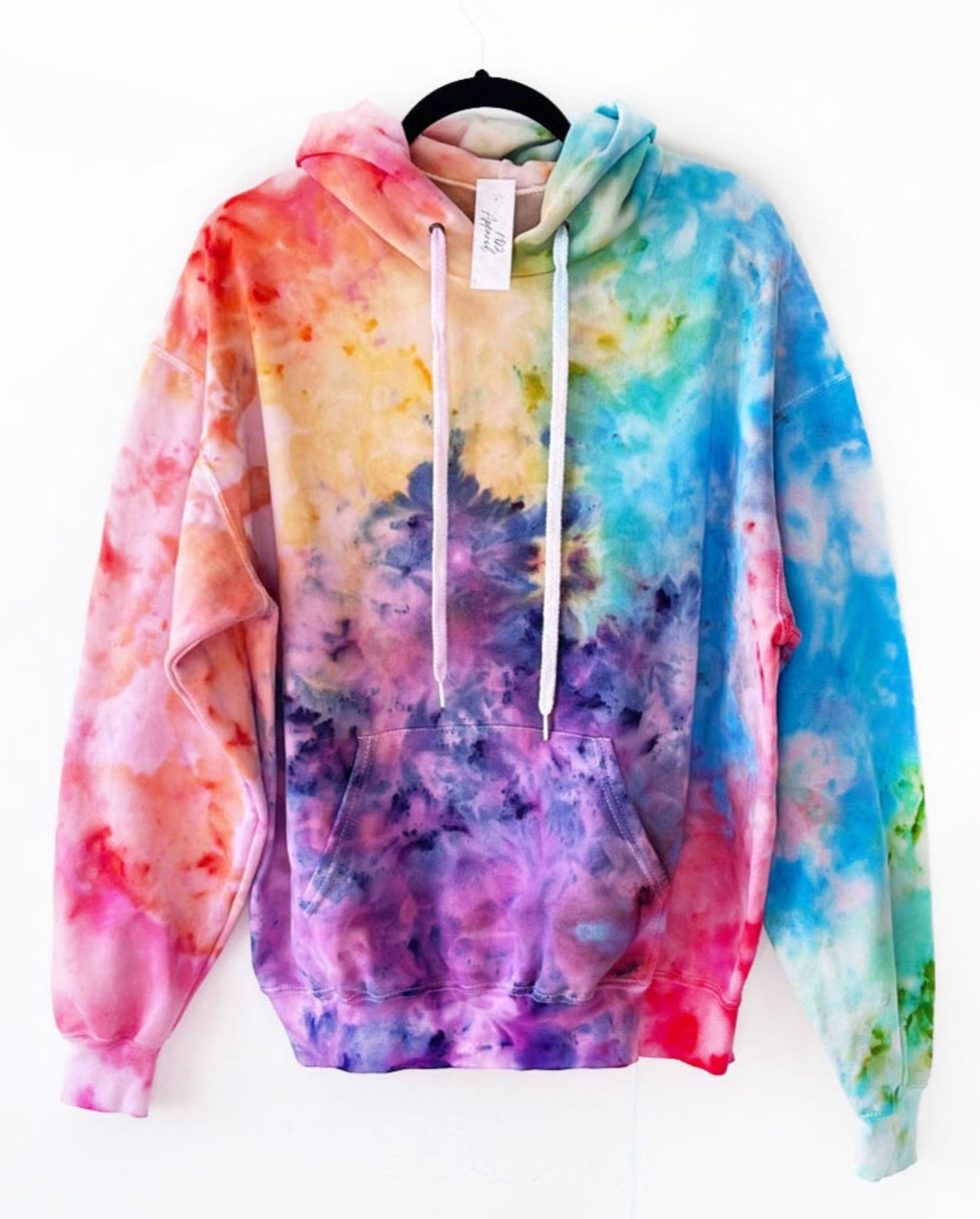 hoodie with ice tie dye design in rainbow colours