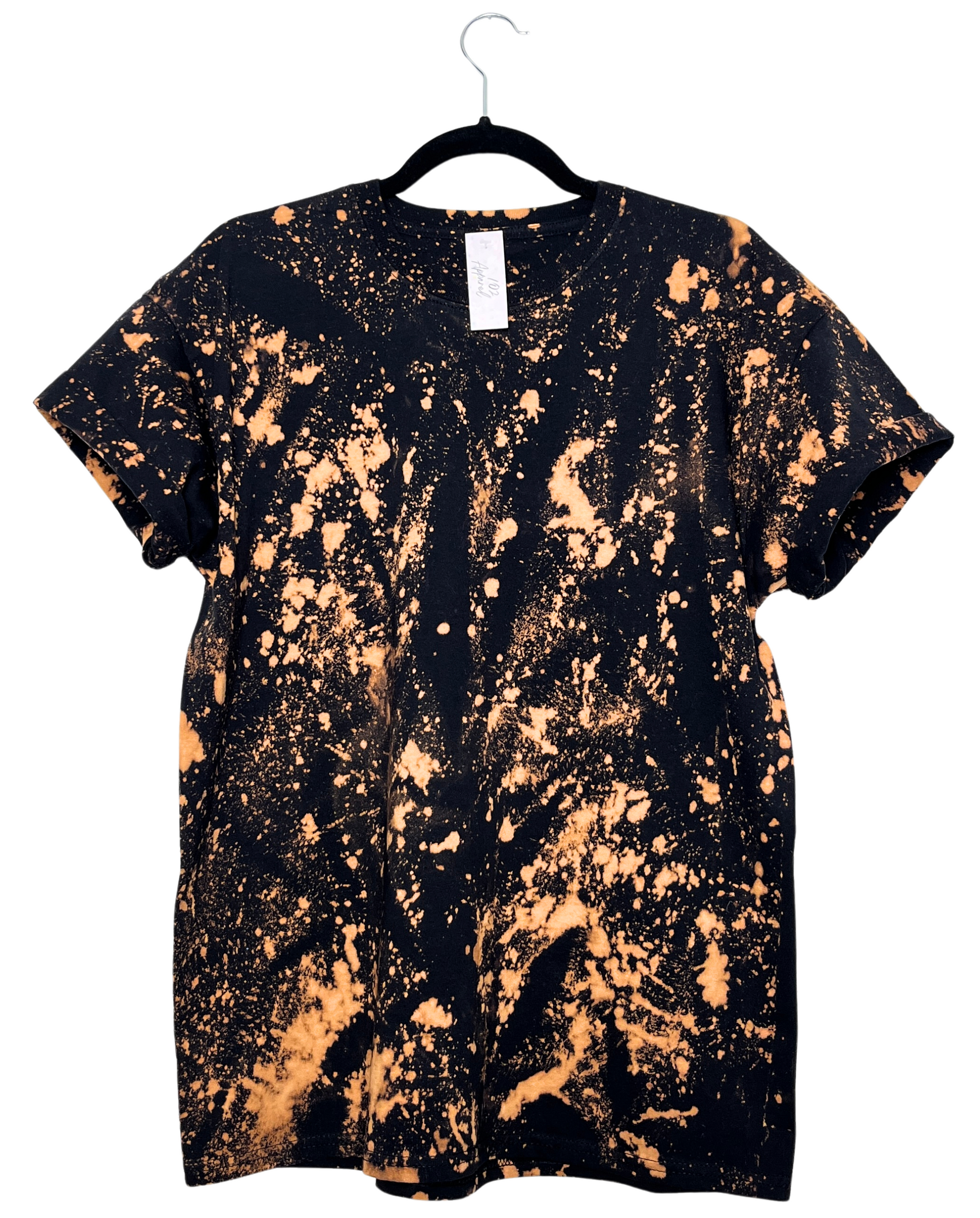 a black crewneck t shirt with bleach paint splatter effect 