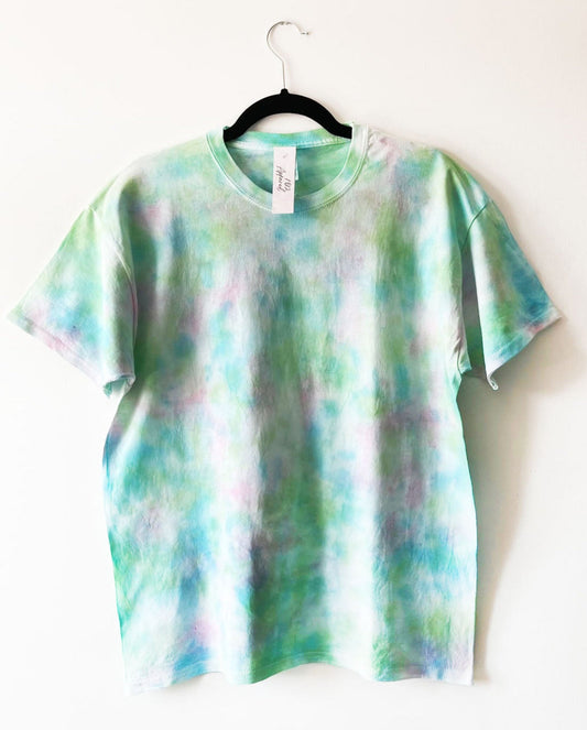 a crewneck t shirt with crumply effect in blue green and pink 