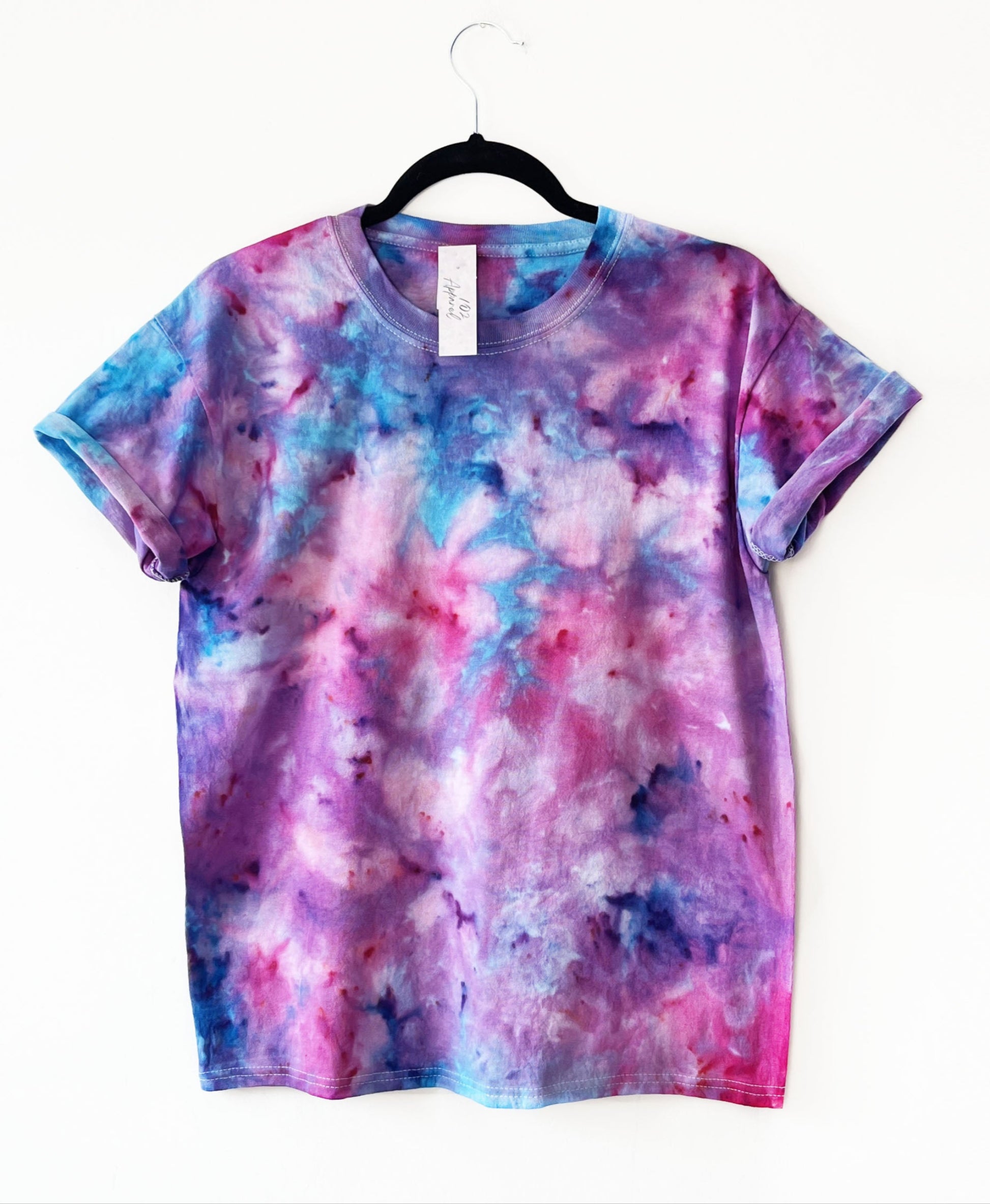 crewneck t shirt with ice tie dye print in blue pink and purple