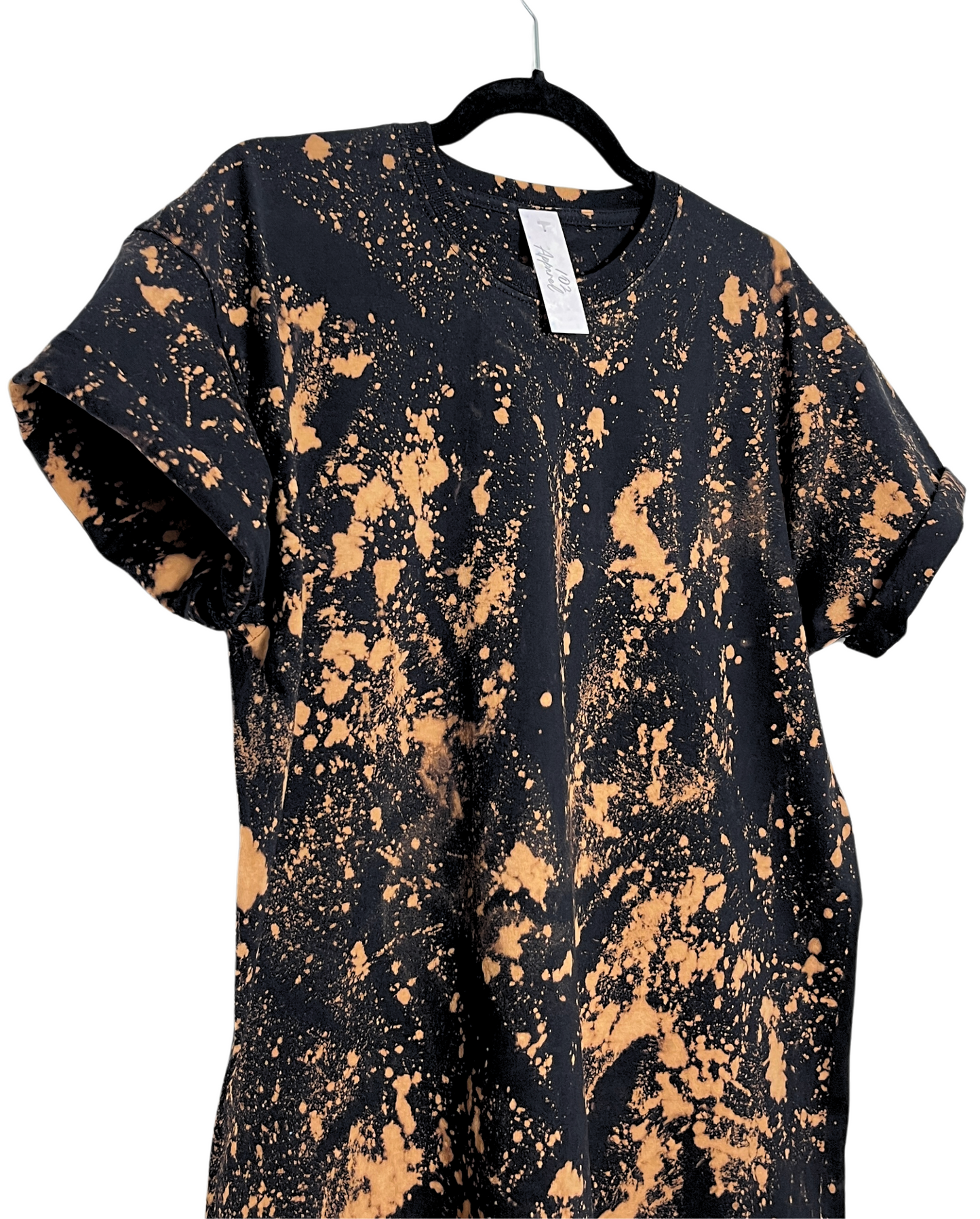 a black crewneck t shirt with bleach paint splatter effect 