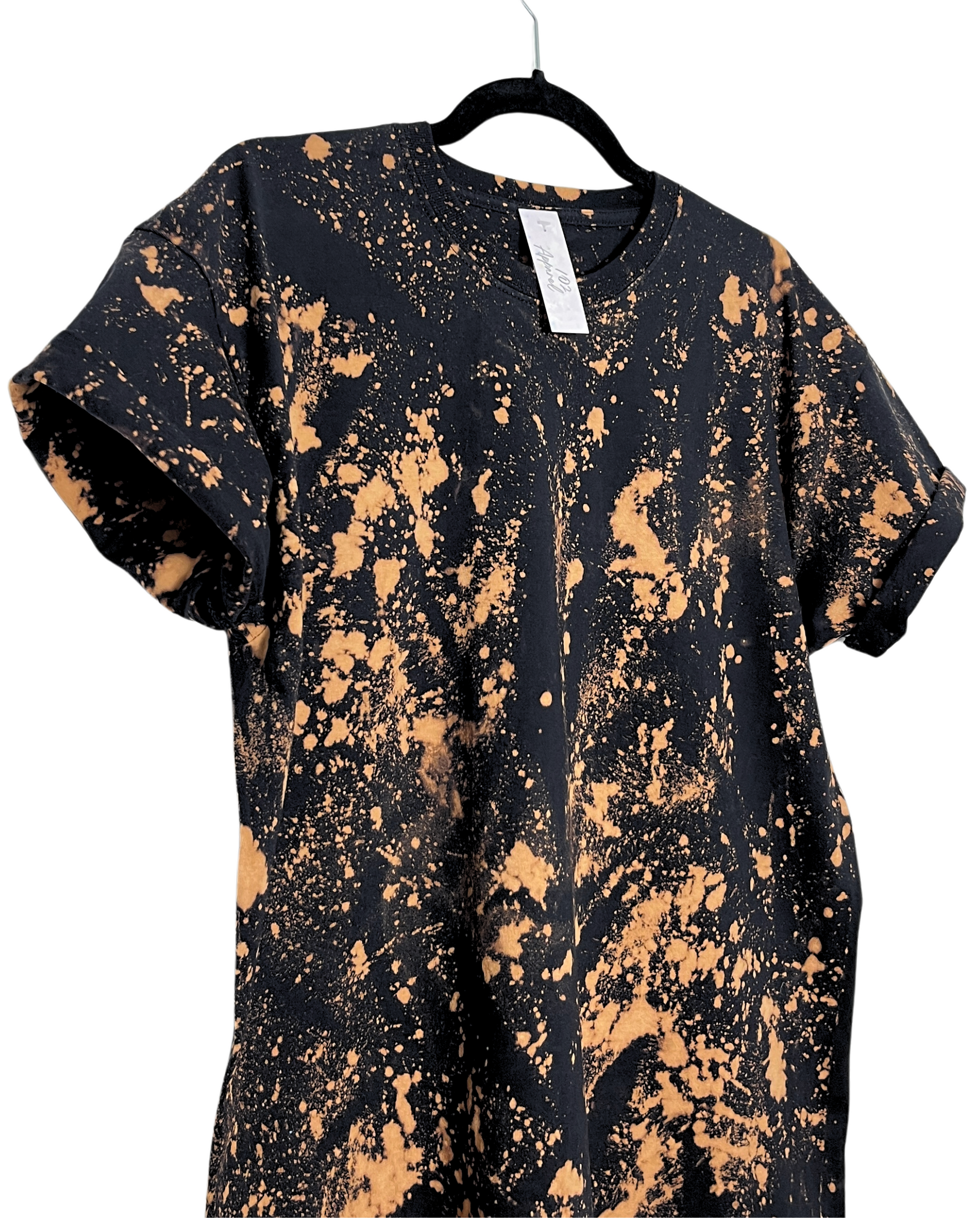a black crewneck t shirt with bleach paint splatter effect 