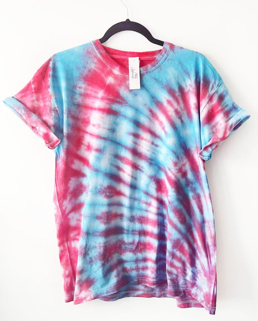 a crewneck t shirt with blue and red web like design