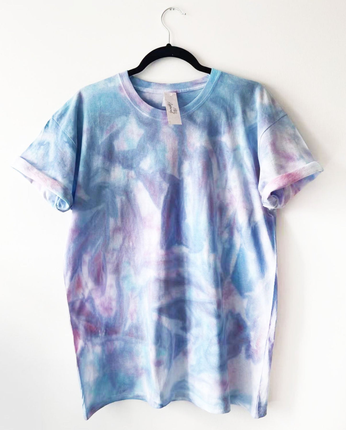 crewneck t shirt with purple pink and blue tie dye design, colours inspired by euphoria tv show