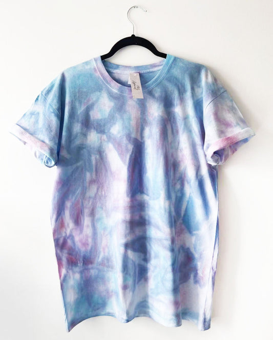 crewneck t shirt with purple pink and blue tie dye design, colours inspired by euphoria tv show