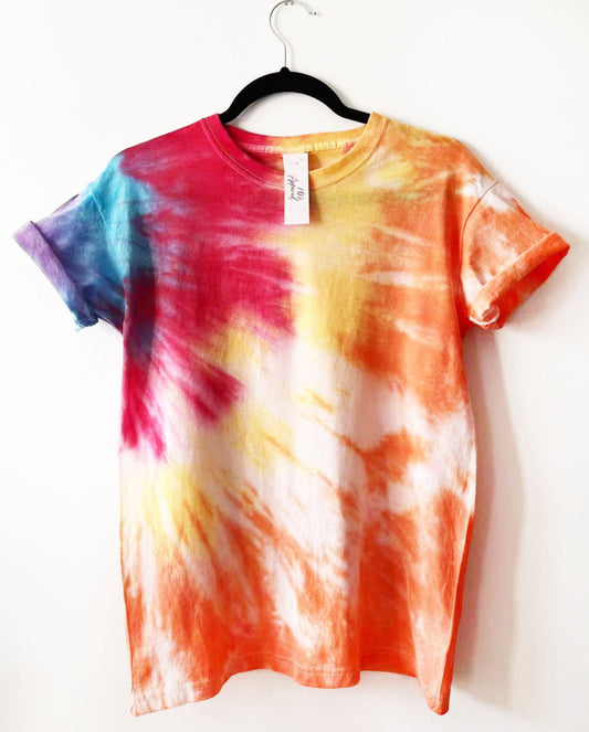 crewneck t shirt with multicolour side to side tie dye pattern in rainbow colours