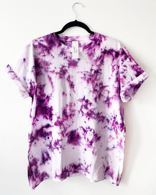 White crewneck t shirt with purple speckled scrunch design