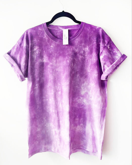 crewneck t shirt with ombre design, dark purple at the top gradient to light purple at the bottom