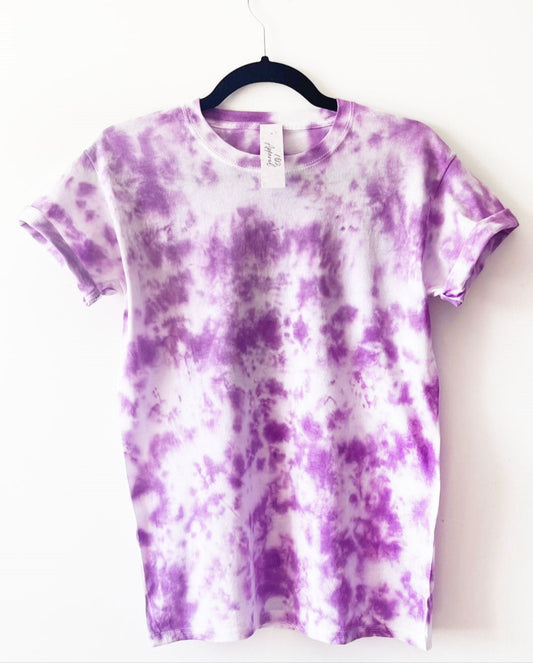white crewneck t shirt with purple crumple tie dye design