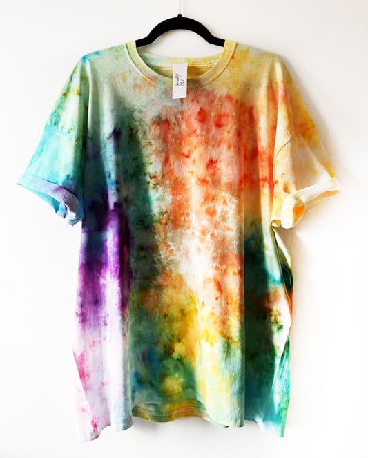 a crewneck t shirt with rainbow multicolour scrunch 